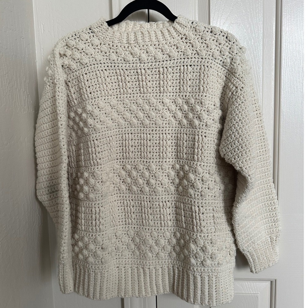 Vintage Cream Hand‎ Crocheted Popcorn Bobble Stitch Sweater Pullover Ivory M